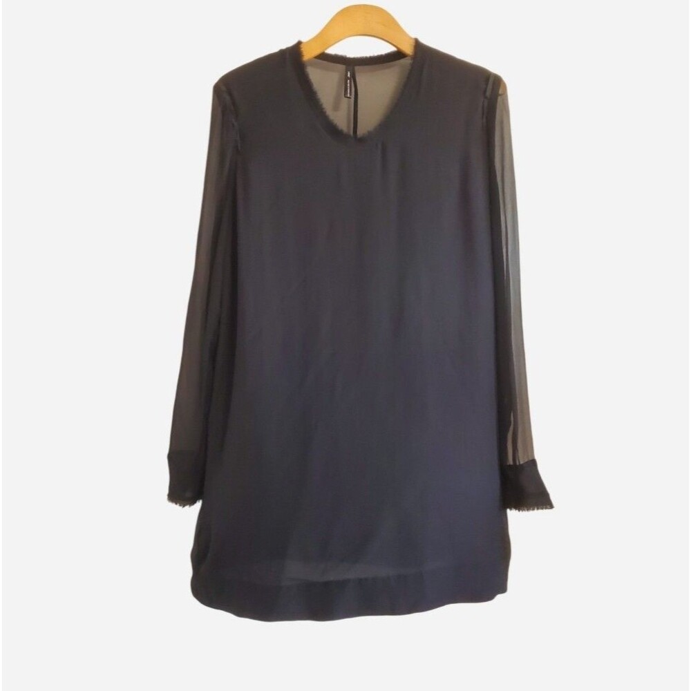 JNBY Black Sheer 100% Silk Tunic Top Raw Hem Quiet Luxury Size XL Contemporary